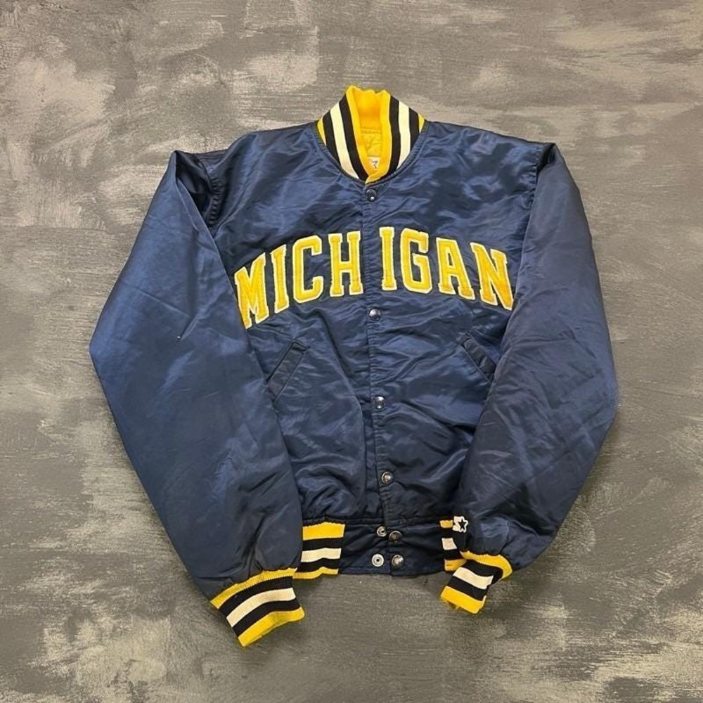 Vintage University Of Michigan Satin Jacket Mens Medium Blue 1980s Starter
